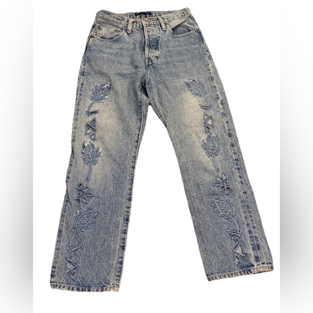 Levi's Made & Crafted 501 Crop Big E Selvedge Laser Cut Botanical Jeans Size 25 - Picture 1 of 13